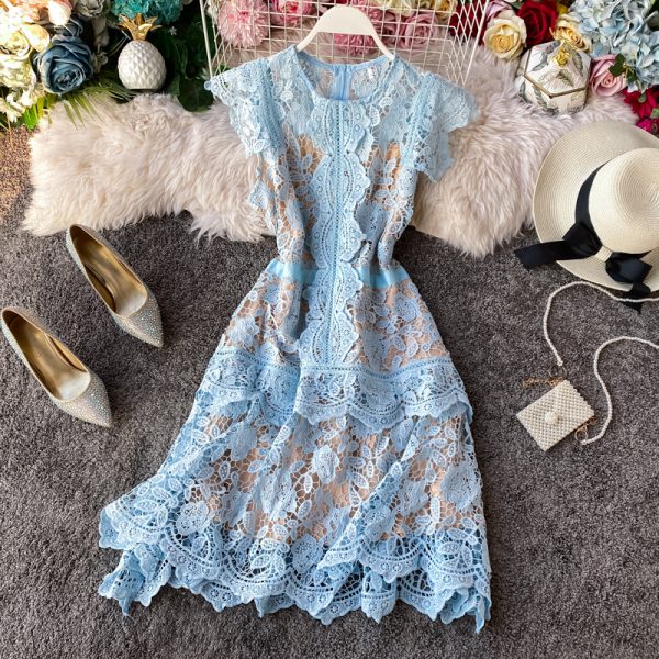 European Goods French Irregular Fairy Dress Fan-Shaped Skirt Flying Sleeves Ruffled Slim-Fit Women's Lace Dress - Image 2