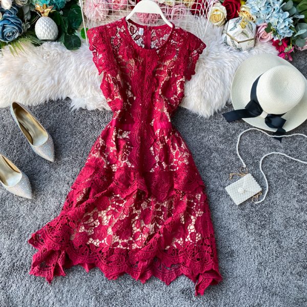 European Goods French Irregular Fairy Dress Fan-Shaped Skirt Flying Sleeves Ruffled Slim-Fit Women's Lace Dress - Image 3