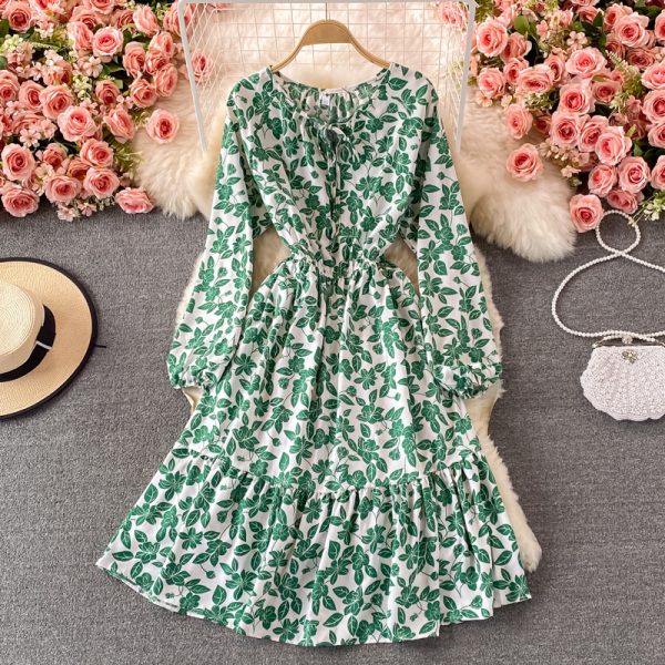 French round Neck Chiffon Dressautumn New Gentle Mid-Length Waist Trimming Ruffles Floral Skirt - Image 2