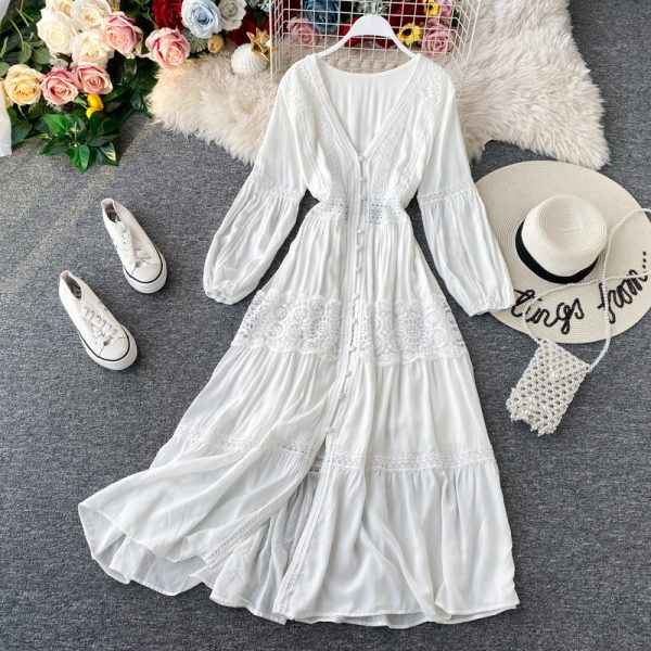 Super fairy brigade take dress red show thin v-neck seaside resort Bali beach dress Thailand open fork dress skirt - Image 2
