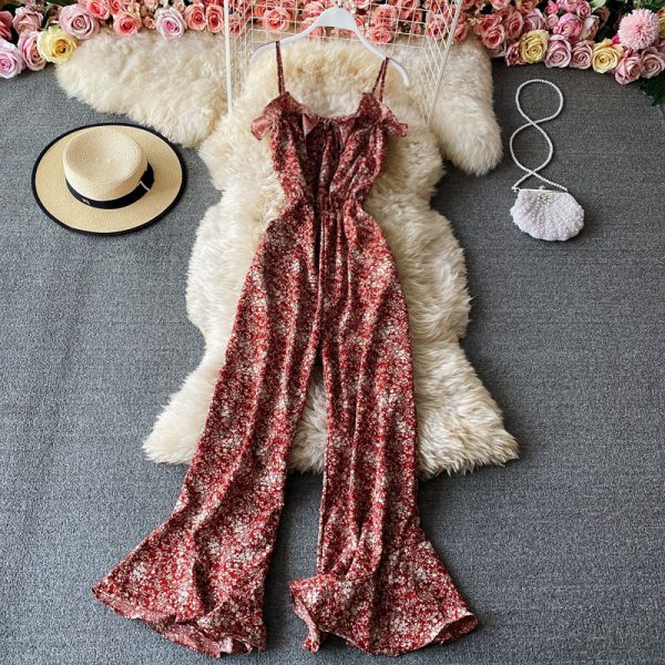 Floral wide-leg pants, high-waist flared pants trousers jumpsuits women's one-line collar off-shoulder waist thin sling jumpsuit - Image 2