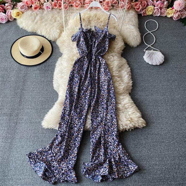 Floral wide-leg pants, high-waist flared pants trousers jumpsuits women's one-line collar off-shoulder waist thin sling jumpsuit - Image 4