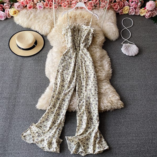 Floral wide-leg pants, high-waist flared pants trousers jumpsuits women's one-line collar off-shoulder waist thin sling jumpsuit - Image 5