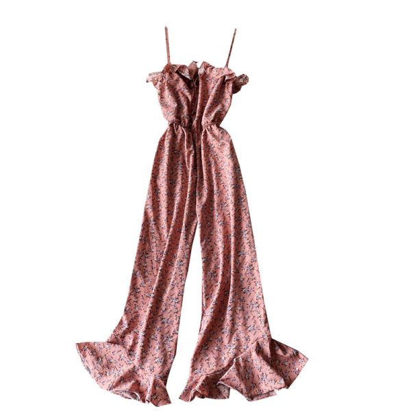 Floral wide-leg pants, high-waist flared pants trousers jumpsuits women's one-line collar off-shoulder waist thin sling jumpsuit - Image 6