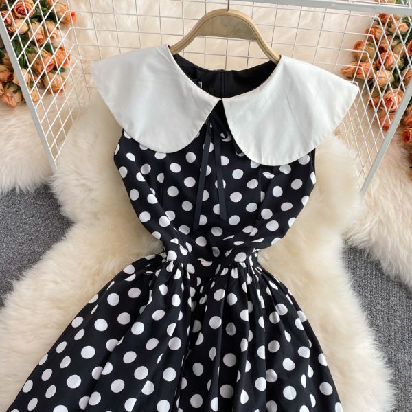 Polka dot long skirt female retro Hepburn style big swing waist slim slimming doll collar sleeveless dress summer - Image 3
