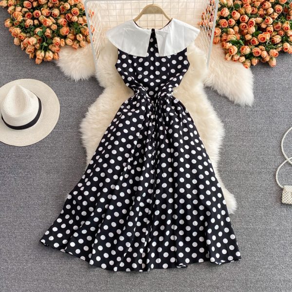 Polka dot long skirt female retro Hepburn style big swing waist slim slimming doll collar sleeveless dress summer - Image 5