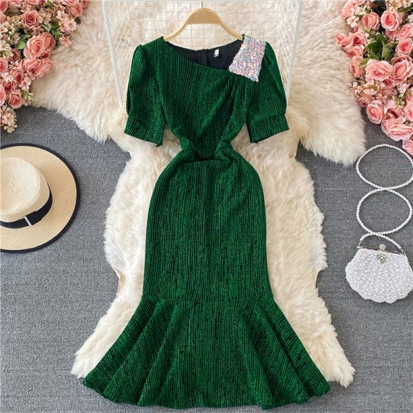 Elegant Bright Silk Shiny Slim Fishtail Sheath Dress Summer New Women's Slim Fit Slimming Diagonal Collar Dress - Image 2