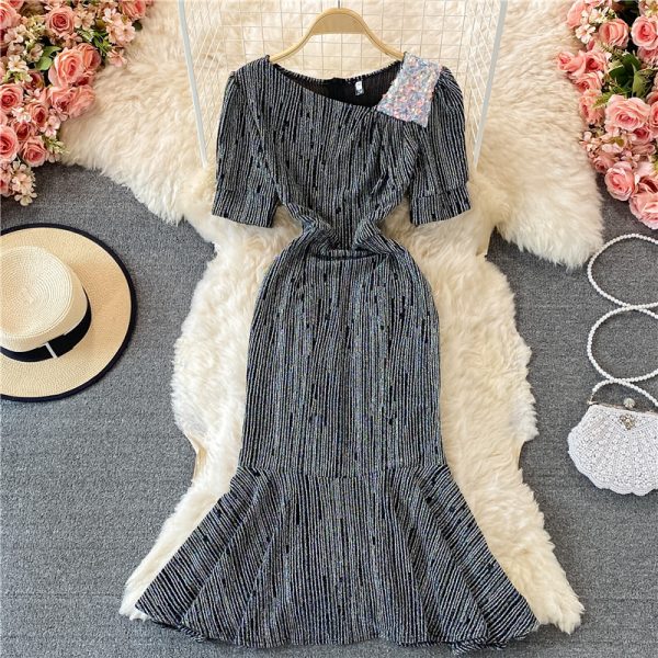 Elegant Bright Silk Shiny Slim Fishtail Sheath Dress Summer New Women's Slim Fit Slimming Diagonal Collar Dress - Image 3