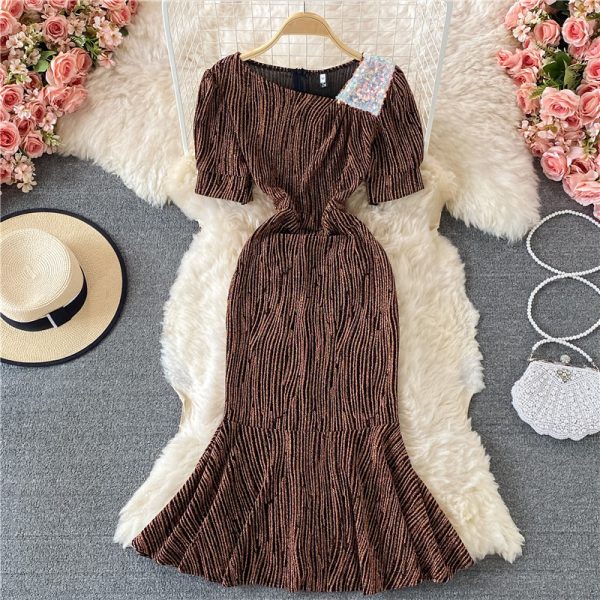Elegant Bright Silk Shiny Slim Fishtail Sheath Dress Summer New Women's Slim Fit Slimming Diagonal Collar Dress - Image 5