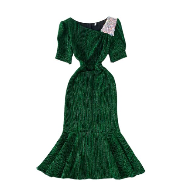 Elegant Bright Silk Shiny Slim Fishtail Sheath Dress Summer New Women's Slim Fit Slimming Diagonal Collar Dress - Image 6