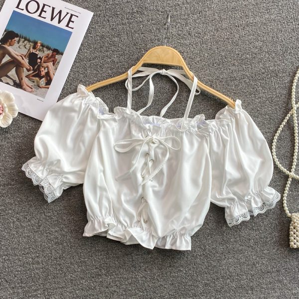 off-Shoulder off-Shoulder French Style Top Women's Summer New Puff Sleeve Square Collar High Waist Navel Short Shirt - Image 2