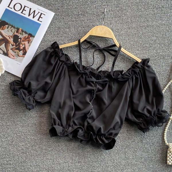 off-Shoulder off-Shoulder French Style Top Women's Summer New Puff Sleeve Square Collar High Waist Navel Short Shirt - Image 3
