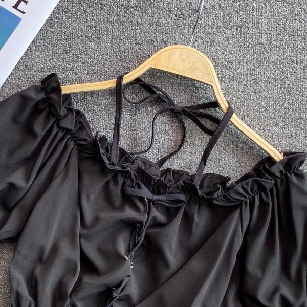 off-Shoulder off-Shoulder French Style Top Women's Summer New Puff Sleeve Square Collar High Waist Navel Short Shirt - Image 4