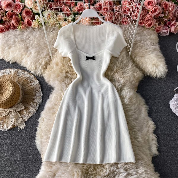 Women's Bow Square Collar Slimming Knitted Dress Summer New Waist-Tight Slimming A- line Skirt-Child Flab Hiding Skirt - Image 2