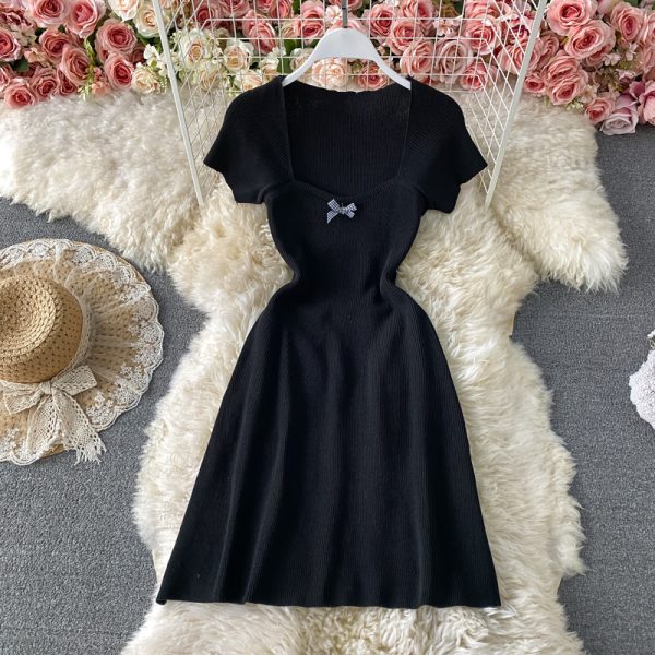 Women's Bow Square Collar Slimming Knitted Dress Summer New Waist-Tight Slimming A- line Skirt-Child Flab Hiding Skirt - Image 3
