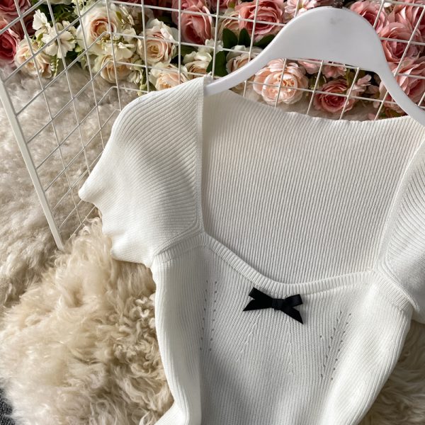 Women's Bow Square Collar Slimming Knitted Dress Summer New Waist-Tight Slimming A- line Skirt-Child Flab Hiding Skirt - Image 4