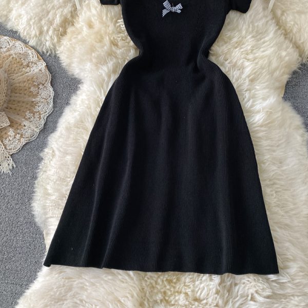 Women's Bow Square Collar Slimming Knitted Dress Summer New Waist-Tight Slimming A- line Skirt-Child Flab Hiding Skirt - Image 5