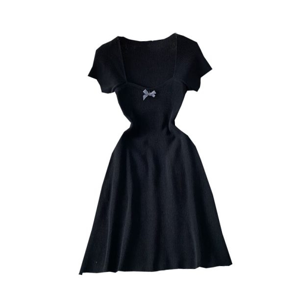 Women's Bow Square Collar Slimming Knitted Dress Summer New Waist-Tight Slimming A- line Skirt-Child Flab Hiding Skirt - Image 6