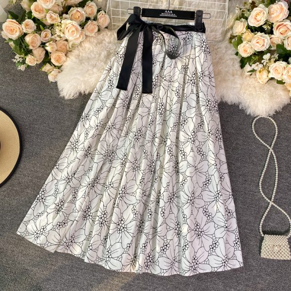 Lace-up Bow Waist A- line Skirt Spring New Women's Mid-Length over-the-Knee Floral Skirt Umbrella Skirt Long Skirt