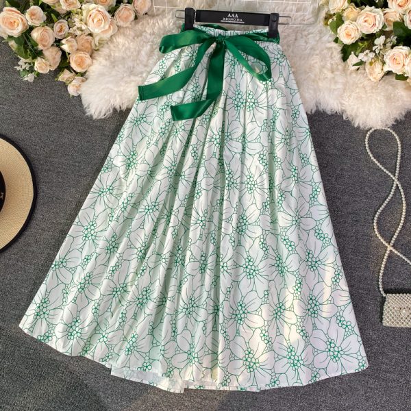 Lace-up Bow Waist A- line Skirt Spring New Women's Mid-Length over-the-Knee Floral Skirt Umbrella Skirt Long Skirt - Image 3