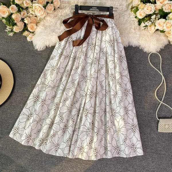 Lace-up Bow Waist A- line Skirt Spring New Women's Mid-Length over-the-Knee Floral Skirt Umbrella Skirt Long Skirt - Image 4