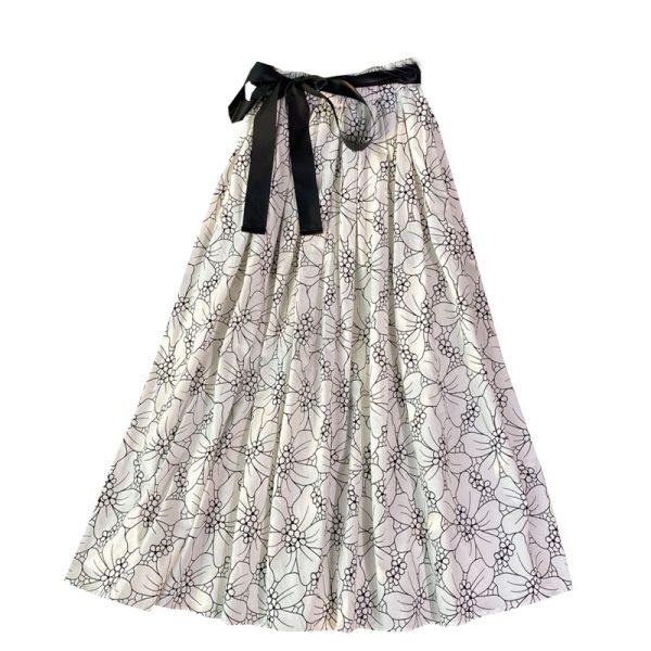 Lace-up Bow Waist A- line Skirt Spring New Women's Mid-Length over-the-Knee Floral Skirt Umbrella Skirt Long Skirt - Image 6