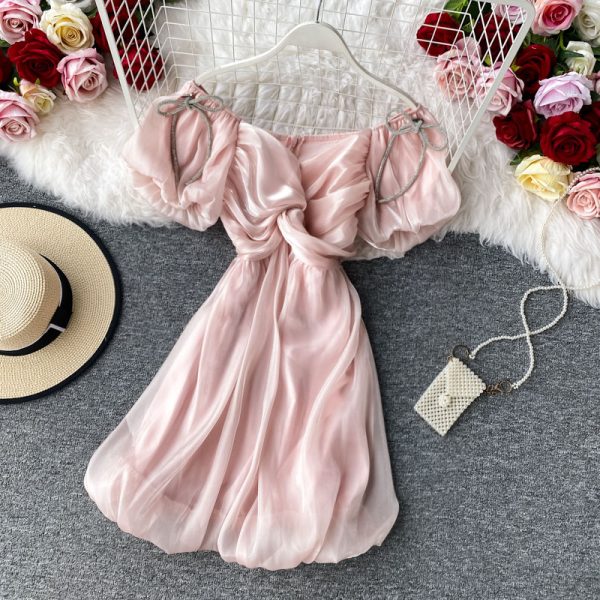 Sweet Girl's Dress Puff Sleeve off-the-Shoulder Tight Waist V-neck Bud Dress Short Sleeve New Ladies Graceful Formal Dress