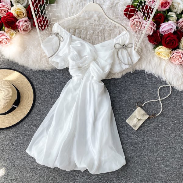 Sweet Girl's Dress Puff Sleeve off-the-Shoulder Tight Waist V-neck Bud Dress Short Sleeve New Ladies Graceful Formal Dress - Image 3