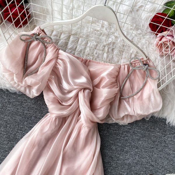 Sweet Girl's Dress Puff Sleeve off-the-Shoulder Tight Waist V-neck Bud Dress Short Sleeve New Ladies Graceful Formal Dress - Image 4
