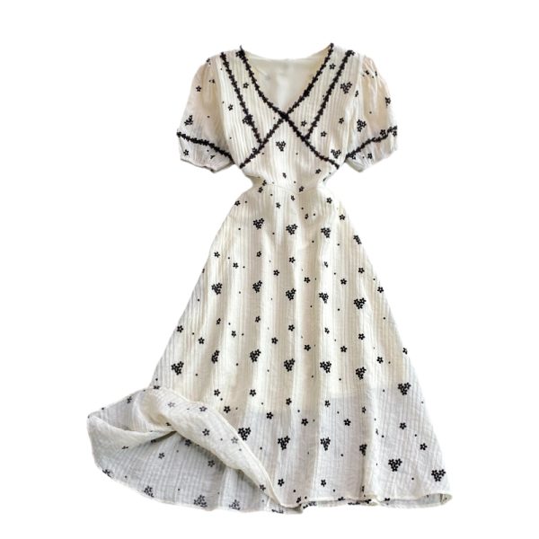 Lightly Mature Floral Dress Women's Summer French First Love Tea Break Skirt Gentle Temperament White V-Collar Dress - Image 6