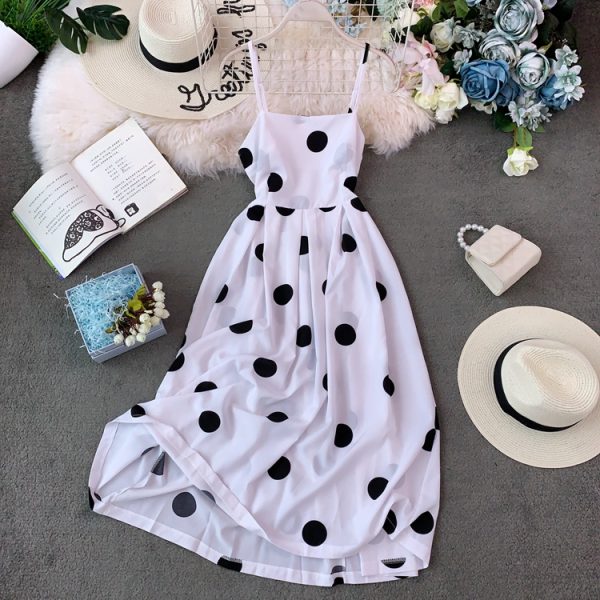 Popular Skirt Korean Style Fairy over-the-Knee Backless Dress Niche Polka Dot Brace Dress Large Swing Dress