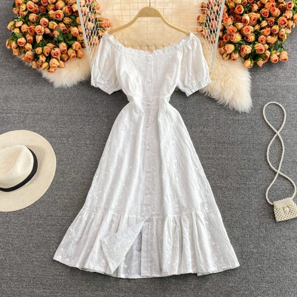 French Style Tea Dress Puff Sleeve White First Love Gentle Temperament High Waist Waist Slimming Flounce Dress Short Sleeve - Image 2