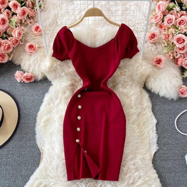 French Style Temperament Goddess Temperament Purple Square Collar Dress Summer New Sweet Slim Fit Puff Sleeve Slit Sheath Skirt - Image 2
