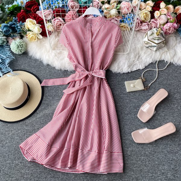 French Retro Red Striped Lightly Mature Dress Short Sleeve Women's Summer Small Waist Slimming Temperament Short Skirt
