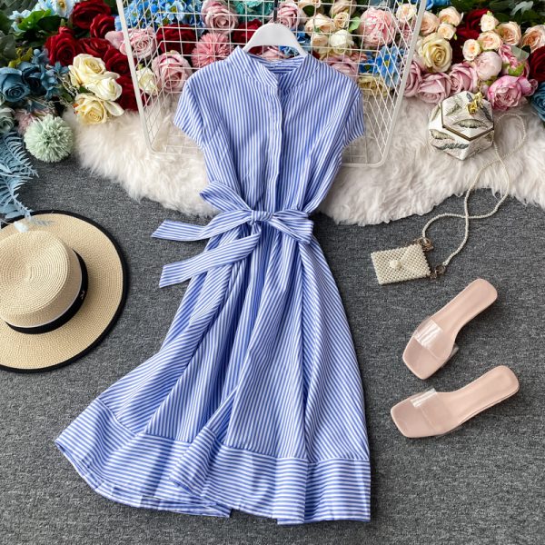 French Retro Red Striped Lightly Mature Dress Short Sleeve Women's Summer Small Waist Slimming Temperament Short Skirt - Image 4