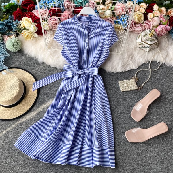 French Retro Red Striped Lightly Mature Dress Short Sleeve Women's Summer Small Waist Slimming Temperament Short Skirt - Image 5