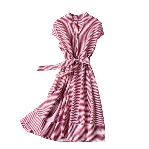 French Retro Red Striped Lightly Mature Dress Short Sleeve Women's Summer Small Waist Slimming Temperament Short Skirt - Image 6