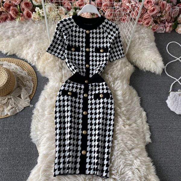 Summer new style Yujie temperament light cookedstyleSlimbag hip skirt houndstooth contrast color knitted dress with short sleeve - Image 2