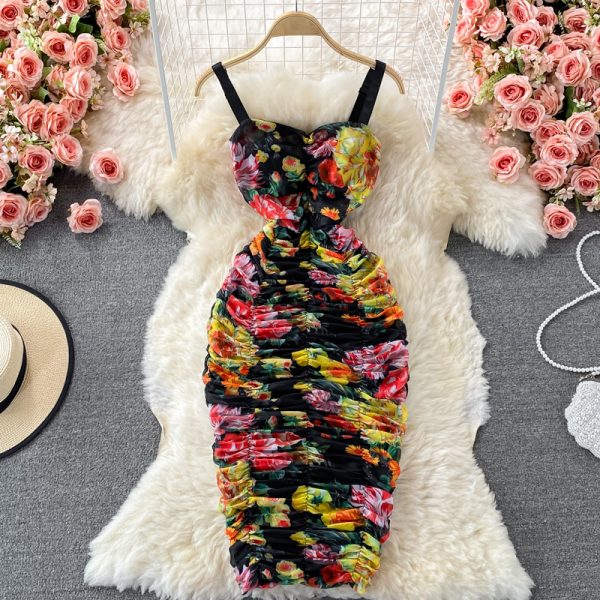 Summer Retro Women's Slip Dress Stretch Slim Fit Mesh Floral Print Tube Top Package Hip Long Dress