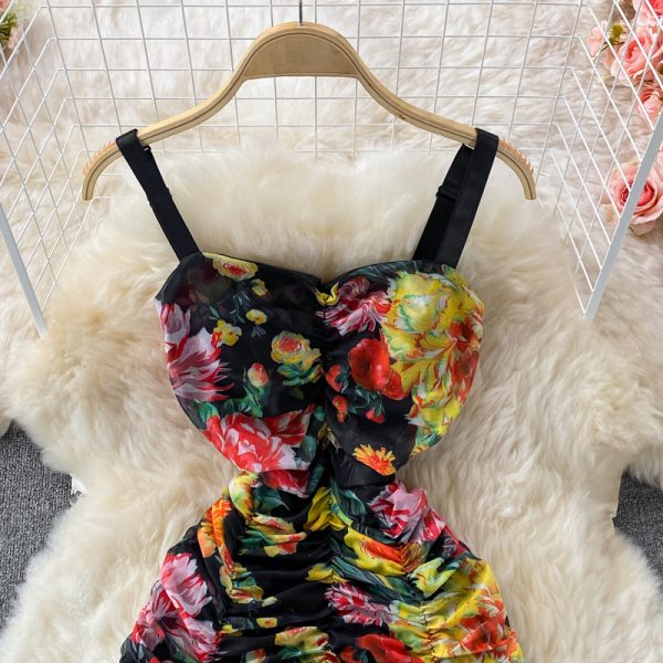 Summer Retro Women's Slip Dress Stretch Slim Fit Mesh Floral Print Tube Top Package Hip Long Dress - Image 3