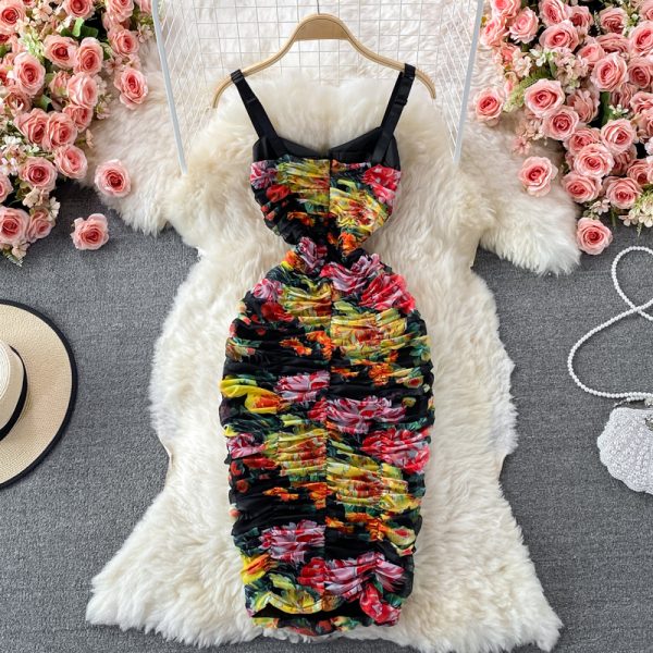 Summer Retro Women's Slip Dress Stretch Slim Fit Mesh Floral Print Tube Top Package Hip Long Dress - Image 5