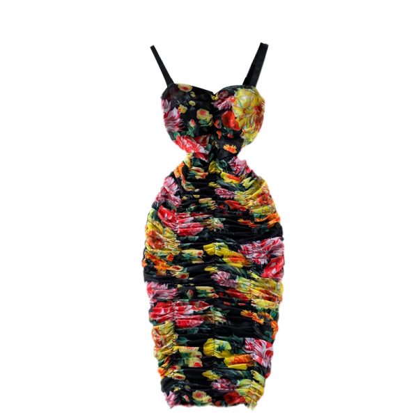 Summer Retro Women's Slip Dress Stretch Slim Fit Mesh Floral Print Tube Top Package Hip Long Dress - Image 6