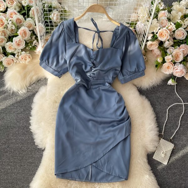 Square Collar Dress Women's Summer New French Socialite Slimming Pleated Waist Tight Irregular Short Hip Skirt