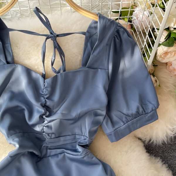 Square Collar Dress Women's Summer New French Socialite Slimming Pleated Waist Tight Irregular Short Hip Skirt - Image 3