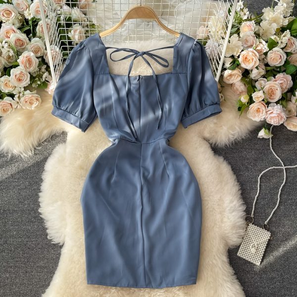 Square Collar Dress Women's Summer New French Socialite Slimming Pleated Waist Tight Irregular Short Hip Skirt - Image 5