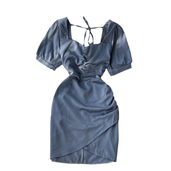 Square Collar Dress Women's Summer New French Socialite Slimming Pleated Waist Tight Irregular Short Hip Skirt - Image 6