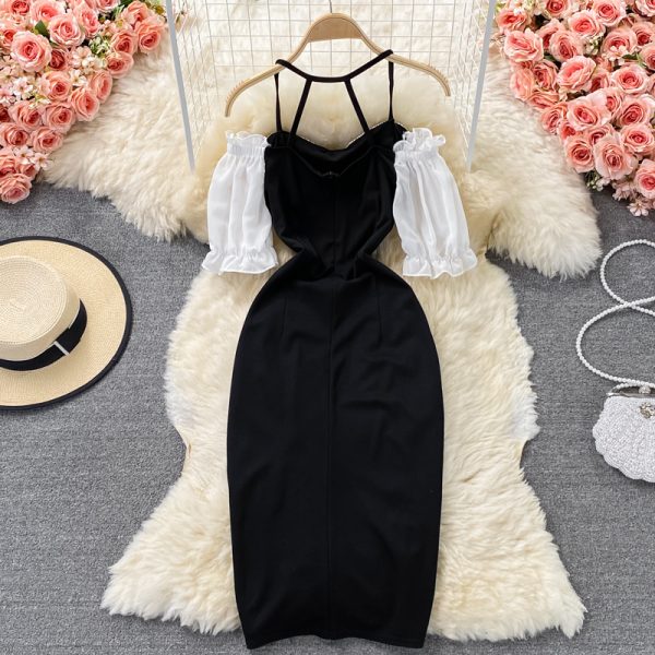 French retro elegant temperament bubble sleeve hanging neck strapless dress Slim and thin goddess Fan split long skirt - Image 5