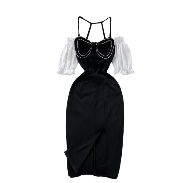 French retro elegant temperament bubble sleeve hanging neck strapless dress Slim and thin goddess Fan split long skirt - Image 6