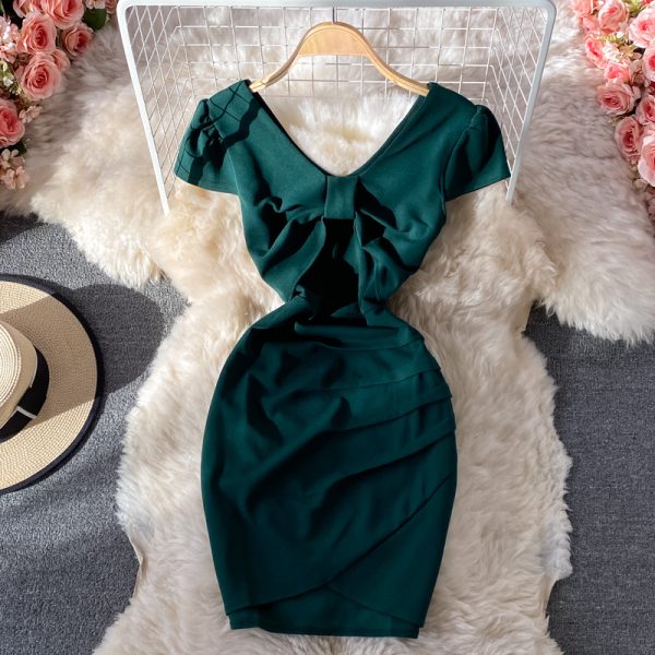 Slim-Fit Short-Sleeved V-neck Sexy Dress Short-Sleeved Summer New Small Ruffle Hip Short Skirt - Image 3