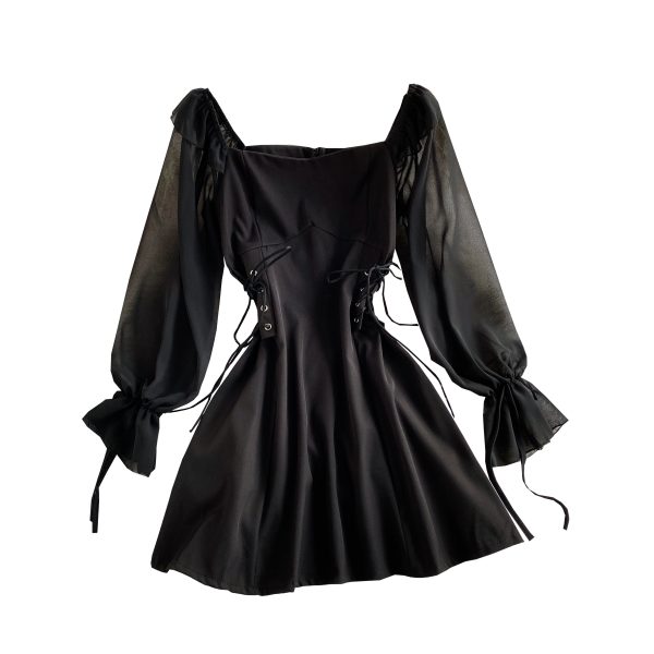 French Style Retro Square Collar Bubble Sleeve Elegant Dress Spring and Autumn New Young Girl Waist Slimming A- line Skirt - Image 6